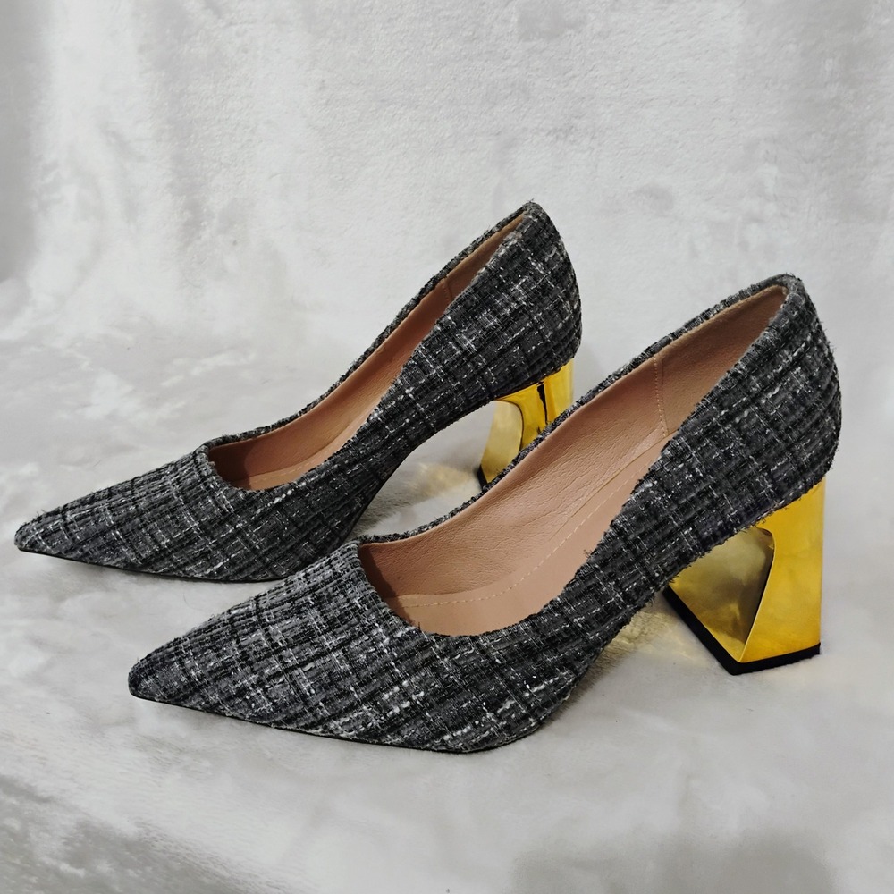 Grey Black Tweed Pointed Toe Pumps Metallic Gold Block Heel Size 37